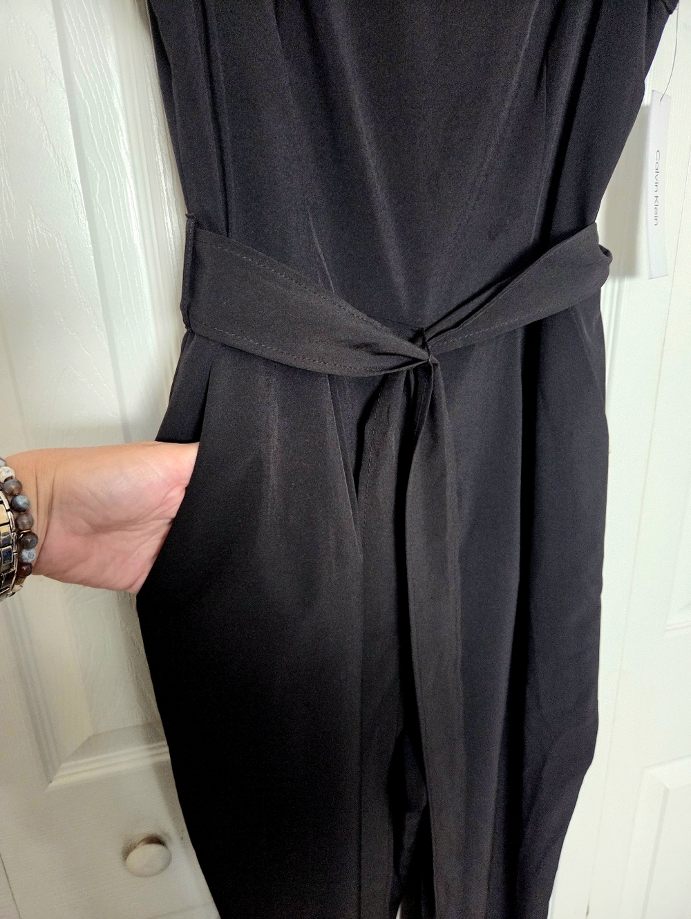 Calvin Klein Black Flutter-Sleeve Jumpsuit with Waist Tie - Picture 3 of 11